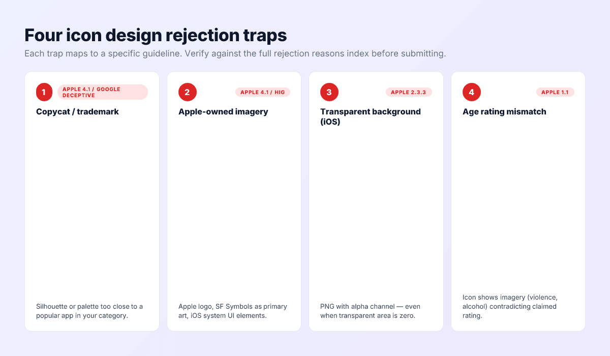 Four app icon design rejection traps — copycat, Apple imagery, transparency, age rating mismatch.