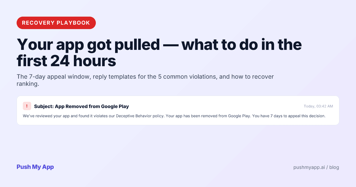 Your app got pulled — a 2026 recovery playbook from the Push My App team.