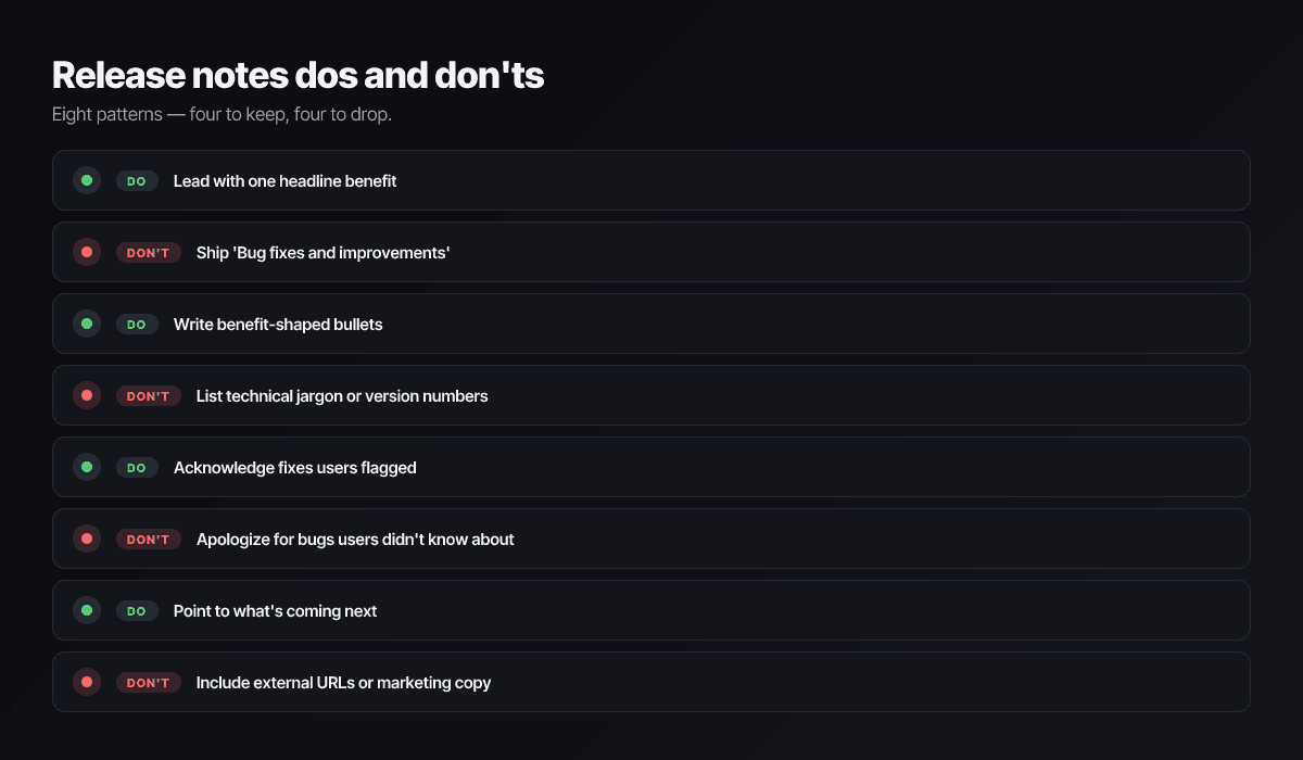 Release notes do's and don'ts — benefit-shaped bullets versus feature-shaped; headline versus 'bug fixes'; clean versus jargon-heavy.