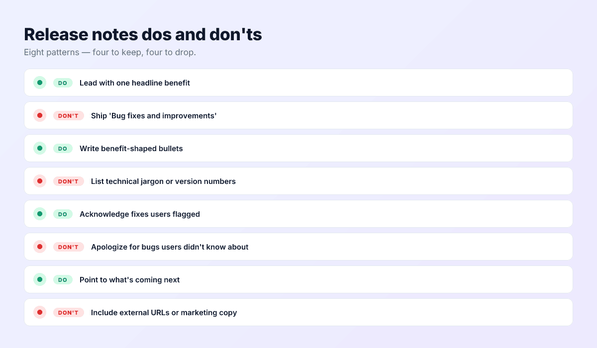Release notes do's and don'ts — benefit-shaped bullets versus feature-shaped; headline versus 'bug fixes'; clean versus jargon-heavy.