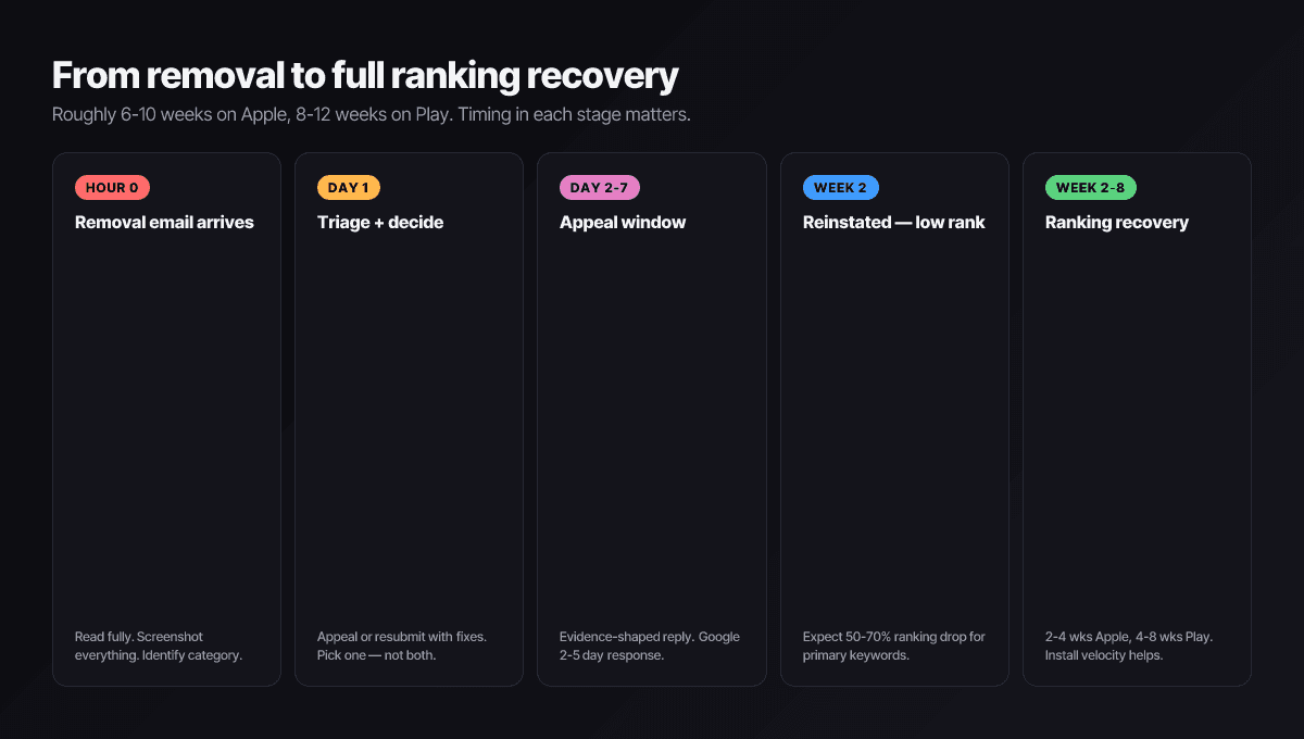 Recovery timeline from removal through appeal to ranking recovery — 24-hour triage, 7-day appeal window, 2-8 week ranking return.