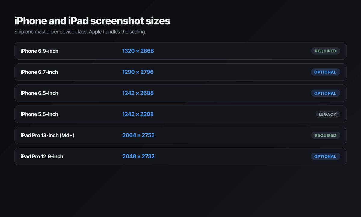 iPhone and iPad screenshot sizes for 2026 showing 6.9-inch iPhone at 1320 by 2868 pixels as the required reference size, with 6.7, 6.5, and 5.5 optional, plus iPad Pro 13-inch at 2064 by 2752.